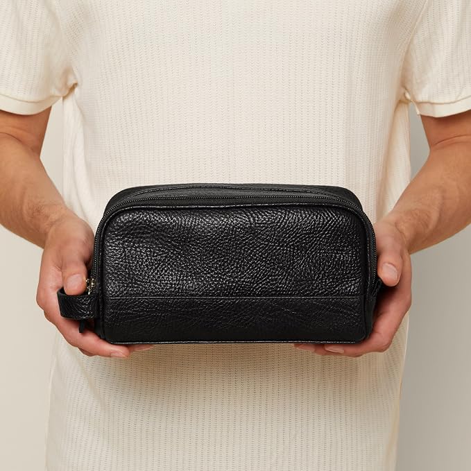 Leatherology Premium Ebony Leather Toiletry Bag – Small Double Zip Dopp Kit – Full Grain Leather Travel Organizer with Water-Resistant Lining – Compact Grooming Bag for Men or Women - Image 2