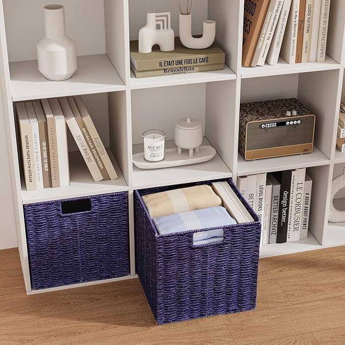Vagusicc Wicker Storage Basket, Set of 2 Hand-Woven Paper Rope Wicker Basket, Foldable Cube Storage Bins, 9 inch Square Storage Baskets for Organizing Shelves & Decor, Purple (9″×9″×9″) - Image 9