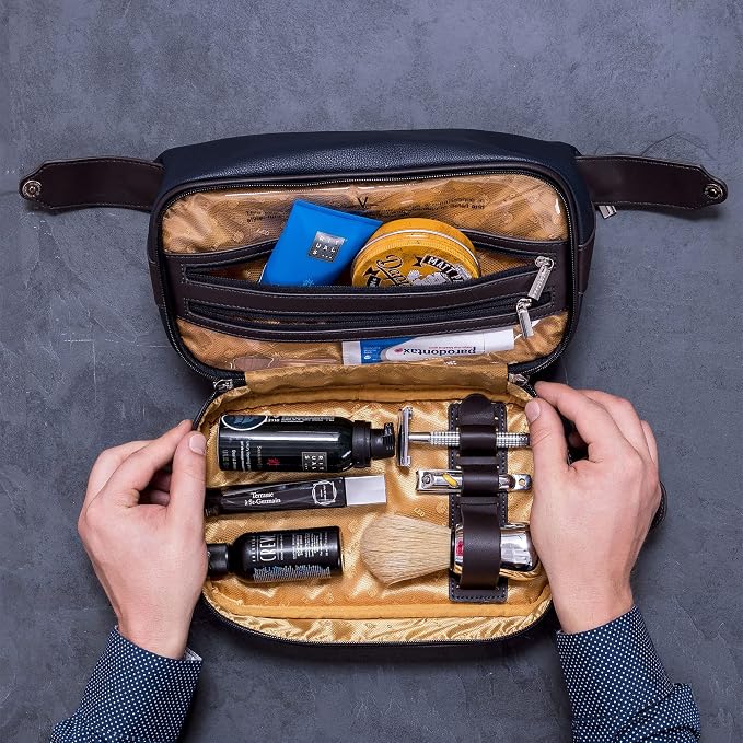Vetell Leo Large Leather Men's Travel Toiletry and Shaving Case Bag with Upper and Lower Zippered Compartments, 3 Interior Loops and Carrying Handles - Image 9