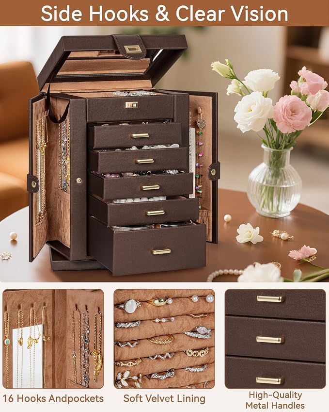 AKOZLIN 6-Tier Jewelry Box Organizer Functional 5 Drawers Leather Jewelry Storage Case for Women Girls Ring Necklace Earring Bracelet Holder Organizer with Mirror Brown 360° Rotating - Image 6