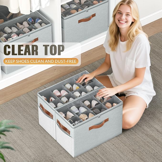 2 Pack Shoe Organizer for Closet, Foldable Shoe Storage with Adjustable | Farbic shoe storage organizer box bin with clear cover, fits up to 16 pairs, shoe storage box for closet, entryway, gray - Image 6
