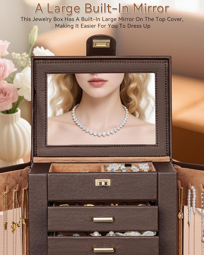 AKOZLIN 6-Tier Jewelry Box Organizer Functional 5 Drawers Leather Jewelry Storage Case for Women Girls Ring Necklace Earring Bracelet Holder Organizer with Mirror Brown 360° Rotating - Image 8