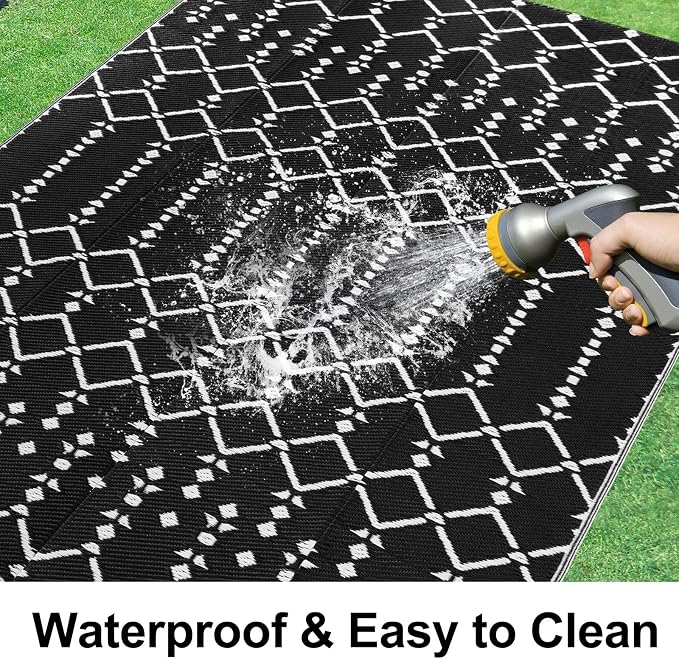 Smiry Outdoor Rug 6x9 ft, Waterproof Reversible Plastic Straw Rugs, Boho Outdoor Area Rug, Outside Floor Mat for Patio, Backyard, Deck, Picnic, Beach, Camping, Black - Image 2
