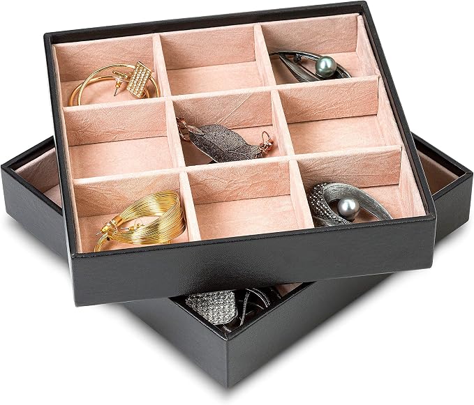 Glenor Co Jewelry Organizer Tray - Set of 2 - Stackable 18 Slots Jewelry Storage Trays - Display on Dresser or Drawer - Compatible with Other Trays - Black - Image 3