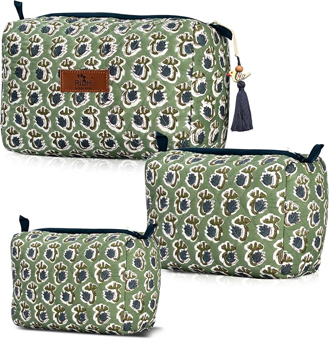 Ridhi Basil Green Hand Block Printed Floral Toiletry Bag For Women 100% Cotton Quilted Set of 3 Waterproof Inner Lining, Cosmetic Jewelry Organizer, Travel Pouch, Essential Storage Purse Gifts by Ridhi