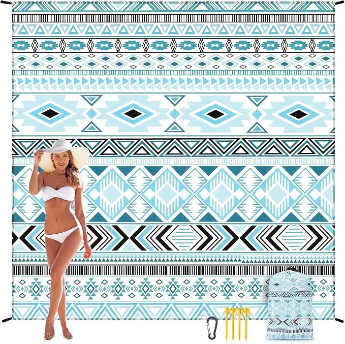 WIWIGO Beach Blanket Sandproof Extra Large Beach Mat Adults Waterproof Quick Drying Sand Free Mat Made by Premium Polyester with 4 Stakes & 4 Corner Pockets for Outdoor Travel Camping Hiking by WIWIGO