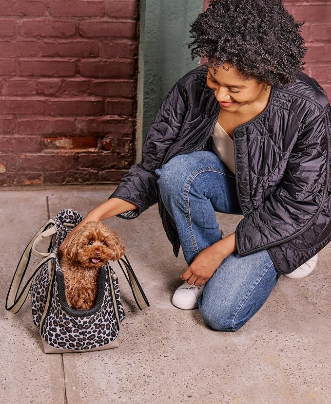 Cleverpup Transit Tote Dog Carrier for Small Dogs Under 8 lbs, 16x11x8 Soft-Sided 4-Pc Set with Waterproof Base, Plush Insert, Food Pouch, Mesh Head Opening - Small, Leopard - Image 5