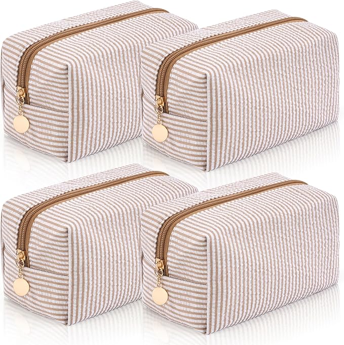 4PCS Makeup Bag Travel Toiletry Bag for Women, Small Cosmetic Bags Cute Brown Stripe Aesthetic Organizer Makeup Pouch for Purse Emergency Bag Pencil Case Accessory Bag by Unknown