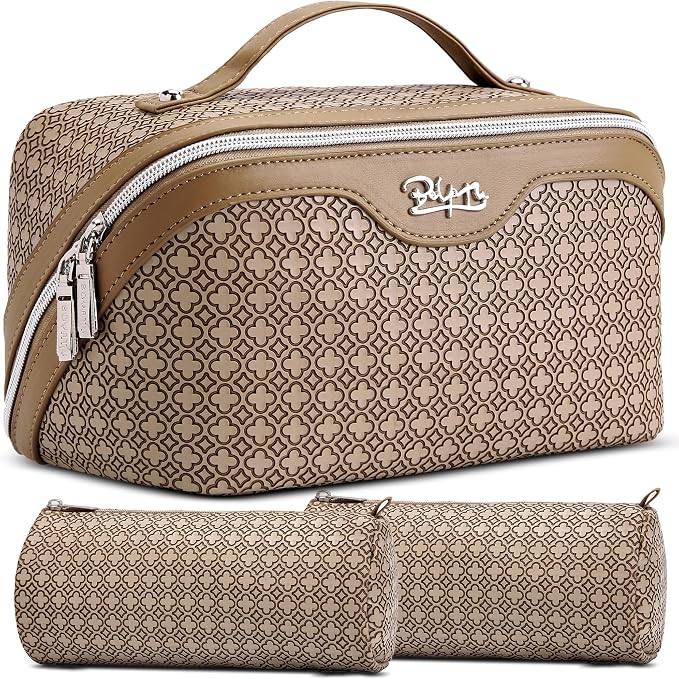 BOYATU Travel Makeup Bag for Women: Four Leaf Clover Large Capacity 3 Pcs Set Cosmetic Bags - Waterproof 50% Extra Space for Toiletry Organizer - Travel Essentials for Fortunate (05 Brown) by BOYATU