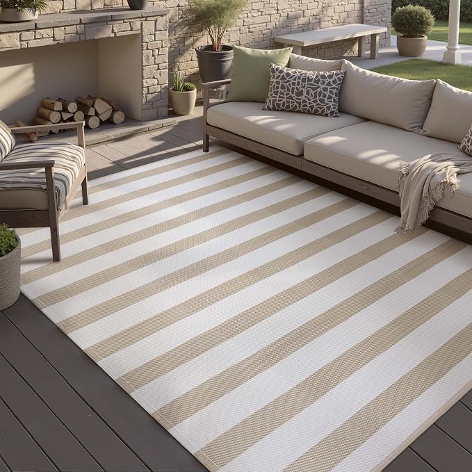 PureCozy Outdoor Waterproof Patio Rug 9x12 Plastic Straw Reversible Lightweight Outside Beige Striped Large Carpet Outdoor for Camping RV Porch Deck Balcony Beach - Image 9