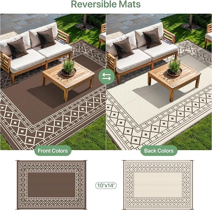GENIMO Outdoor Rug, Waterproof Plastic Rugs 10'x14' for Camping Coffee Beige - Image 4