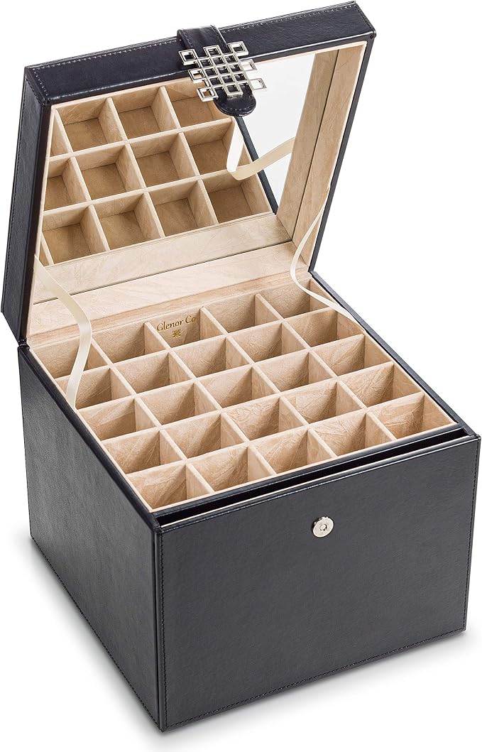 Glenor Co Earring Organizer Holder - 75 Small & 4 Large Slots Classic Jewelry Box with Drawer & Modern Closure, Mirror, 4 Trays Earrings, Ring or Chain Storage - PU Leather Case - Black - Image 2