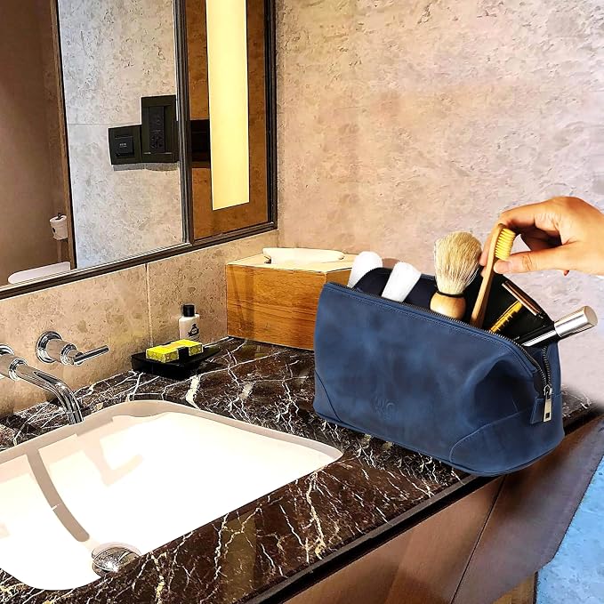 HLC Leather Toiletry Bag for Men - Best Gift for Men - Premium Genuine Leather Dopp Kit Shaving Kit Organizer Travel Kit Pouch Bag for Men - Large Size (blue) - Image 2