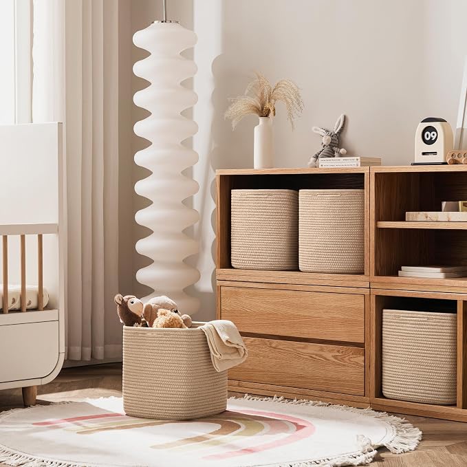 joybest 11inch Cube Storage Bins Set of 4, Cotton Rope Woven Organizer Basket for Shelves, Cube Bin Square Shelves Organizer Closet Storage, Nursery, Toy Organization, Brown - Image 4