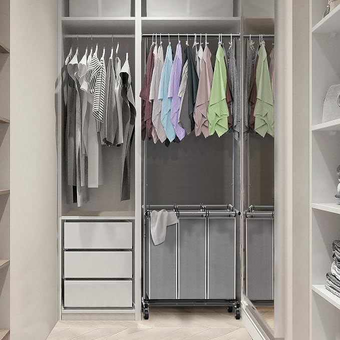 Simple Houseware 3 Bags Laundry Sorter Cart with Hanging Rod, Silver | Extendable Width from 30.6 to 48", Removable 3-Section Laundry Basket - Image 6