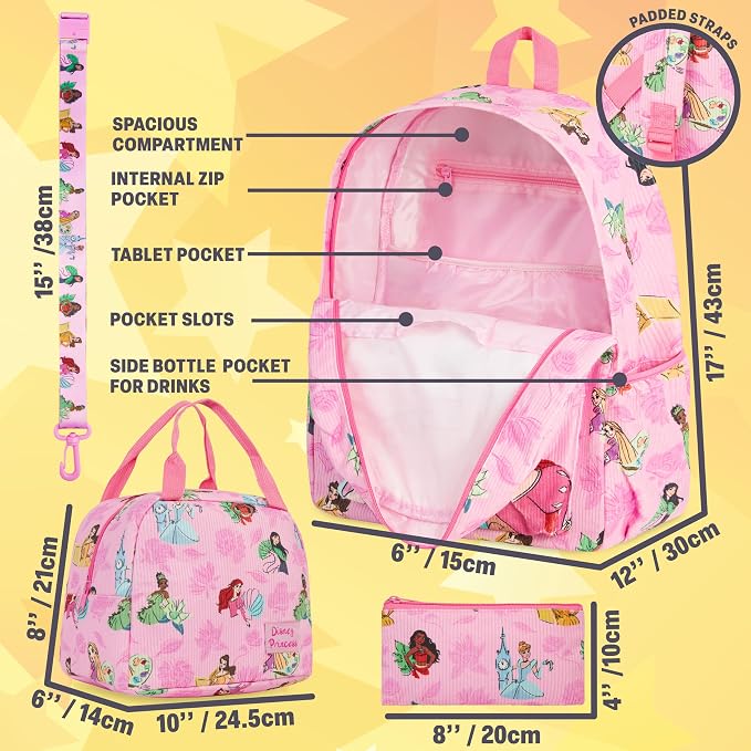 Get Trend Disney Princess Girls Corduroy Backpack 4 Piece Set | 17 inch Bookbag with Laptop Pocket, Insulated Lunch Bag, Pencil Case & Lanyard, Back to School Gifts for Girls - Image 3