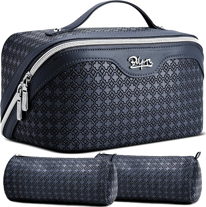 BOYATU Travel Makeup Bag for Women: Four Leaf Clover Large Capacity 3 Pcs Set Cosmetic Bags - Waterproof 50% Extra Space for Toiletry Organizer - Travel Essentials for Fortunate (08 Blue) by BOYATU