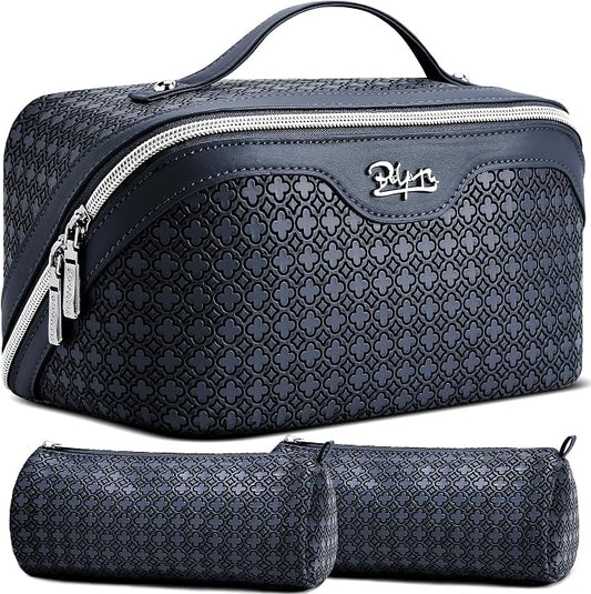 BOYATU Travel Makeup Bag for Women: Four Leaf Clover Large Capacity 3 Pcs Set Cosmetic Bags - Waterproof 50% Extra Space for Toiletry Organizer - Travel Essentials for Fortunate (08 Blue) by BOYATU