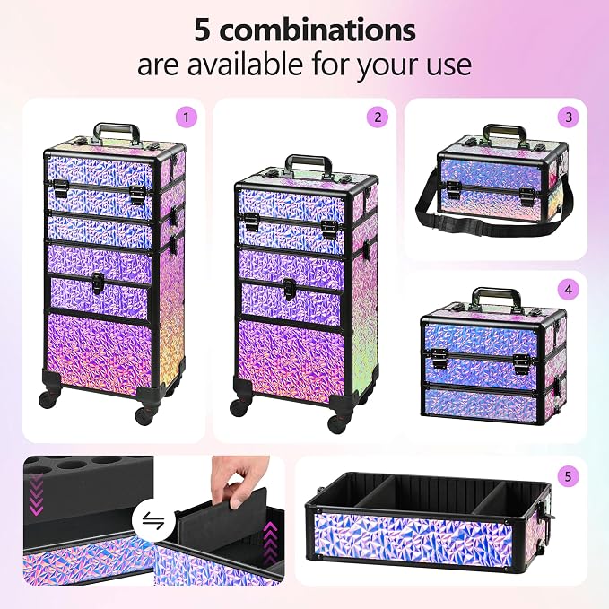 Makeup Train Case with Drawer, Rolling Makeup Case, Cosmetology Case on Wheels, Gift, Large Makeup Case Organizers, Professional for Salon Barber, Nail, Tattoo, Black Colourful - Image 2