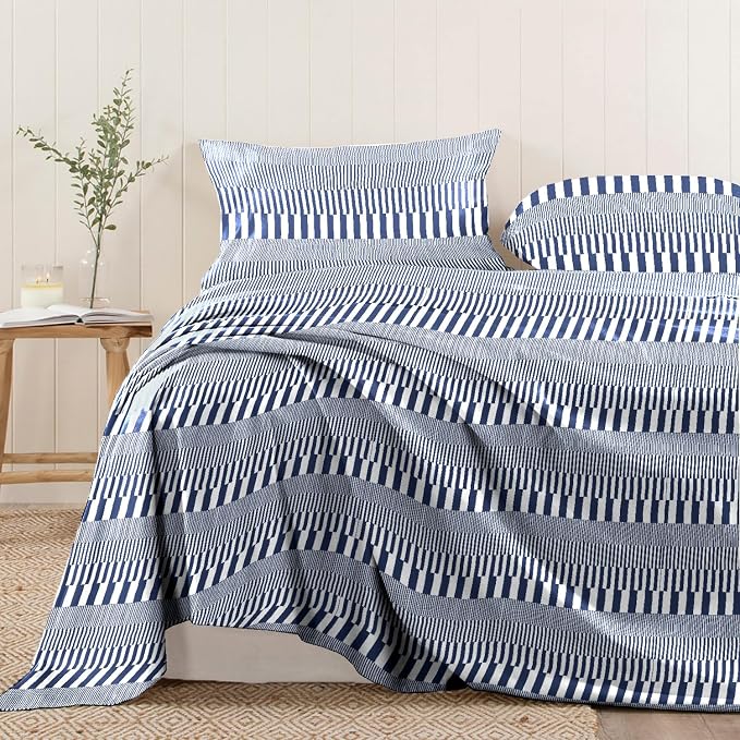 Pizuna Pure 100% Cotton Flat Sheets Only King Navy Cascade Stripe (1 PC), Luxurious 400 Thread Count Long Staple Cotton Sateen with 4" Hem (Combed King Flat Sheet Only Cotton) by Pizuna