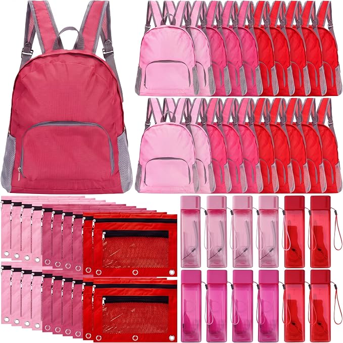 60 Pcs Bulk Backpacks Water Bottle Pencil Pouch Supplies, Backpack Donate Set, Lightweight Book Bags for Outdoor Travel(square Bottle, Fuchsia&light Pink&red) by Bulyoou