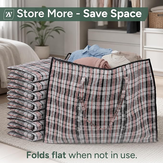 Extra Large Laundry Storage Checkered Shopping Bags 3 Pack, (60 x50 x25 cm) Strong and Durable Waterproof Moving Totes Carrying Bag With Zipper, Cloth Storage Handle Attached Reusable Luggage Bags - Image 3
