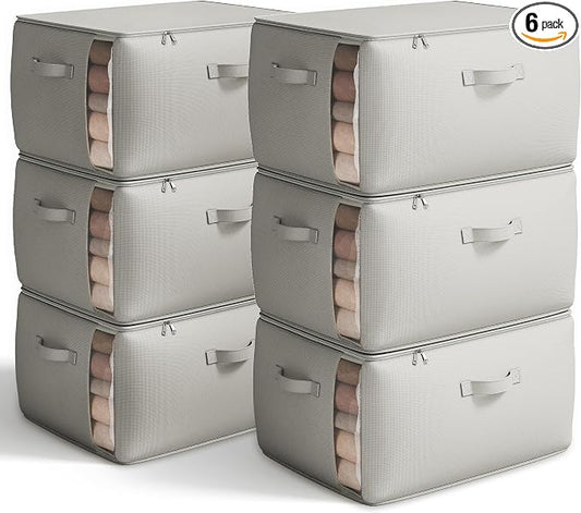 Vailando Large Canvas Comforter Storage Bags Closet Organizer for Clothes Sweater Clothes Organizer with Dual Zipper Three Carrying Handles for Blanket Closet Storage Container, 6 Pack, Grey by Vailando