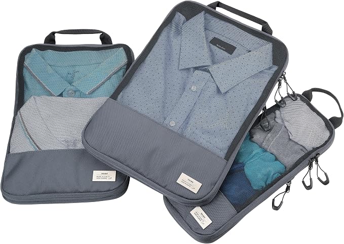 TROIKA Travel Compression Bags Set Blue Cycle Packing Cubes - 3 Zip Bags for Space-Saving Packing Clothes in Suitcase & Backpack - Recycled Sea Plastic - Dark Grey - Image 2