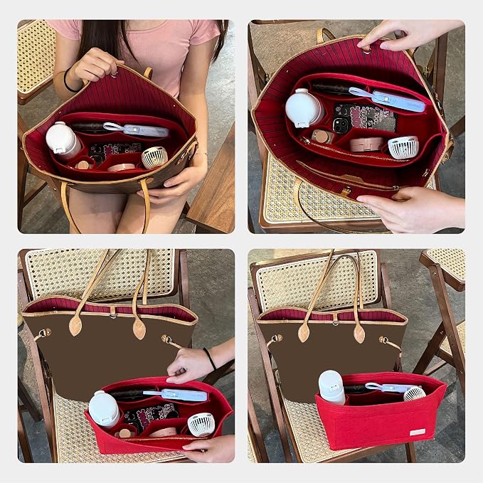Purse Organizer Insert with Base Shaper,Felt Tote Bag Organizer Insert Compatible with Speedy 30 Neverfull MM and More,Bag Inner Shaper for Luxury Handbags,Red/L - Image 6