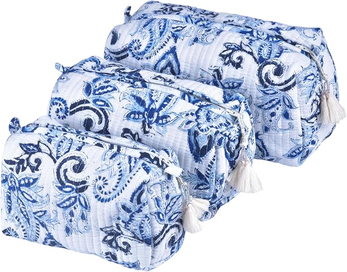 Quilted Floral Block Print Makeup Bag Set of 3 – Cotton Travel Toiletry and Makeup Organizer, Cosmetic Pouch, Toiletry Bag for Women, Cute Boho Coquette Make Up Bags for Women (Small, Medium, Large) by Vivanta