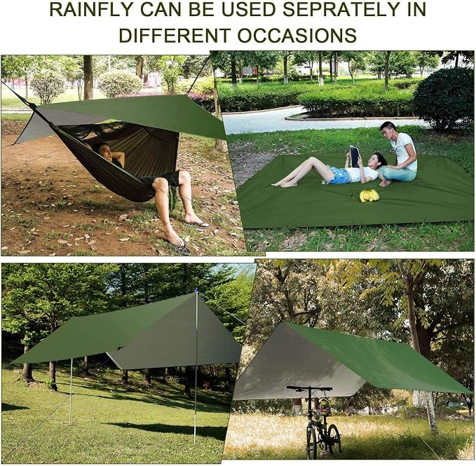 Camping Hammock with Rain Fly Tarp and Mosquito Net Tent Tree Straps, Portable Single Double Nylon Parachute Hammock Rainfly Set for Backpacking Hiking Travel Yard Outdoor Activities Green - Image 4