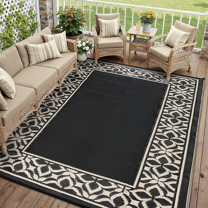 PureCozy Outdoor Plastic Straw Rug Black Beige Large Outside Waterproof Outdoor Patio 9x12 Carpet Geometric Reversible Mat Modern for Camping RV Porch Deck Balcony Beach by PureCozy