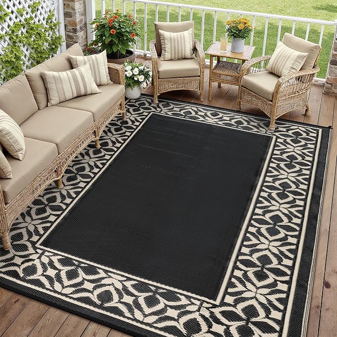 PureCozy Outdoor Plastic Straw Rug Black Beige Large Outside Waterproof Outdoor Patio 10x14 Carpet Geometric Reversible Mat Modern for Camping RV Porch Deck Balcony Beach by PureCozy