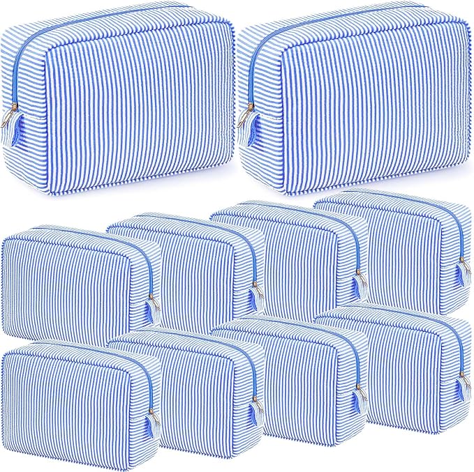 Sanwuta 10 Pcs Seersucker Cosmetic Bag Seersucker Makeup Bag Women Stripe Large Travel Toiletry Organizer Preppy Storage Pouch for Embroidery Wedding Bridesmaid Bride Mom (Navy Blue) by Sanwuta