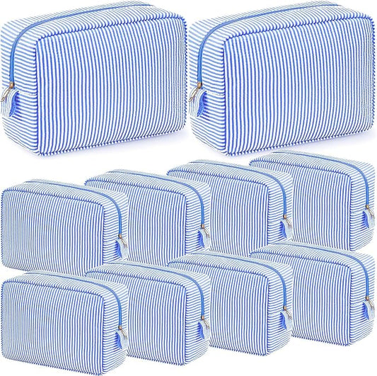 Sanwuta 10 Pcs Seersucker Cosmetic Bag Seersucker Makeup Bag Women Stripe Large Travel Toiletry Organizer Preppy Storage Pouch for Embroidery Wedding Bridesmaid Bride Mom (Navy Blue) by Sanwuta