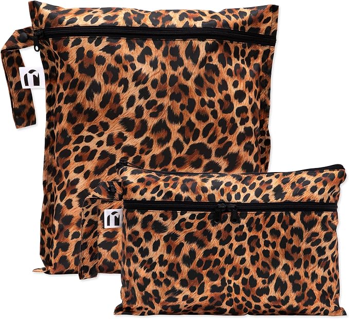 Bumkins Roamio Waterproof Wet Bag & Wet/Dry Clutch Set – Reusable Travel Organizers for Swim, Beach, Gym, Baby Gear, Cloth Diapers, Pump Parts, Pool, Toiletries – Machine Washable, Leopard 2-Pack by Bumkins