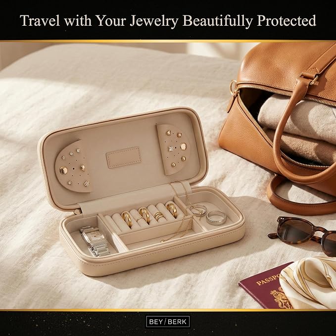 Bey-Berk Diamond-Quilted Leather Travel Jewelry Case, Cream, 9" x 4" x 1.75" - Image 5