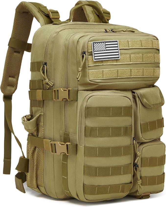 Wotony Tactical Backpack - Military waterproof backpack with multiple pockets and tactical gear for the outdoors (khaki, 45L) by Wotony