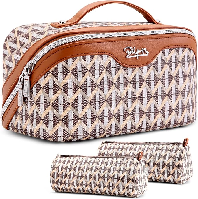 BOYATU Travel Makeup Bags for Women: Large Capacity Cosmetic Bag Set of 3 - Vegan Leather Make up Bags with Compartments - Wide Open Waterproof Toiletry Organizer Bag with Handle (P-05-Brown) by BOYATU