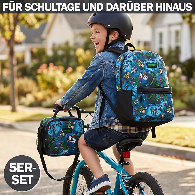Get Trend Minecraft Kids Backpack Set for Boys with Insulated Lunch Bag, Water Bottle, Lanyard, & Charm, 5 Pc Book Bag with Padded Straps for School, Travel, Creeper Gamer Gifts (Multi Minecraft) - Image 5