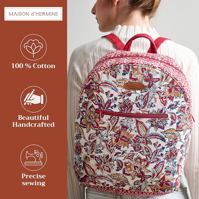 Maison d' Hermine Backpack for Women Men Cotton Shoulder Multipurpose Rucksack with Small Pouch Lightweight Multi Pocket Bag for Travel Work Beach Perfect for Spring Summer (Kerala - Red) - Image 2
