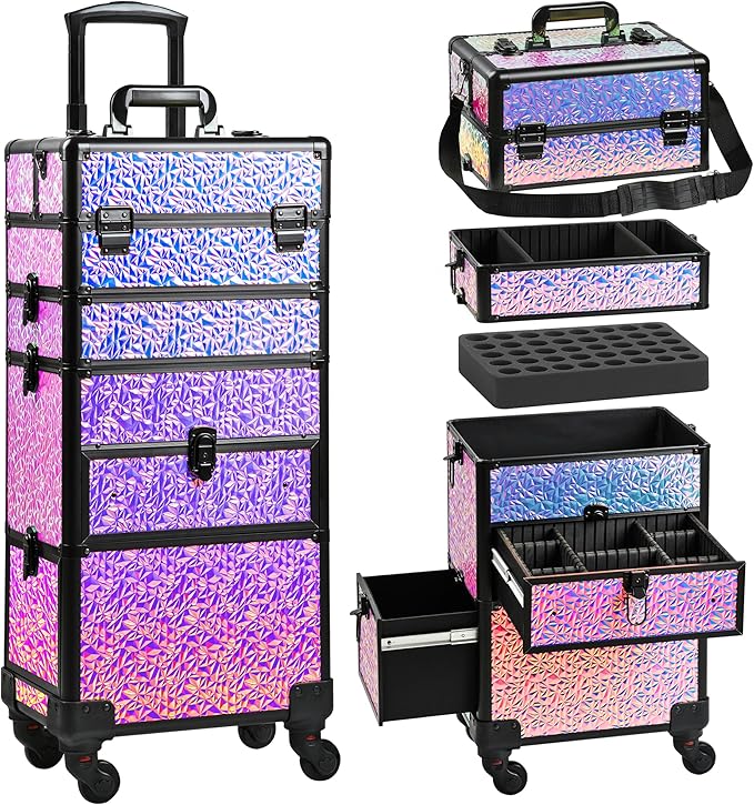 Makeup Train Case with Drawer, Rolling Makeup Case, Cosmetology Case on Wheels, Gift, Large Makeup Case Organizers, Professional for Salon Barber, Nail, Tattoo, Black Colourful by Unknown