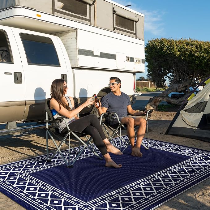 GENIMO Outdoor Rug Waterproof for Patio Decor, 9'x12' Foldable Reversible Plastic Straw Carpet for Travel Trailers, Outside Area Mat for Rv, Deck, Picnic, Porch, Camper, Balcony, Beach, Blue & White | Outside Larger Modern Carpet Mat for Porch Decor, D... - Image 3