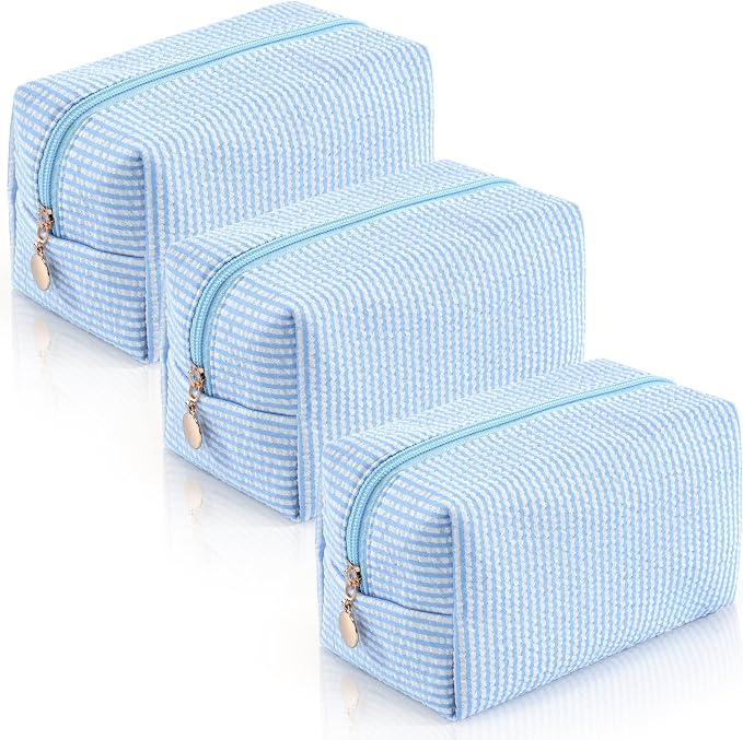 3PCS Makeup Bag Travel Toiletry Bag for Women, Small Cosmetic Bags Cute Blue Stripe Aesthetic Organizer Makeup Pouch for Purse Emergency Bag Pencil Case Accessory Bag by Unknown