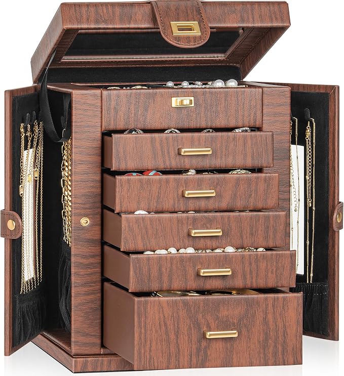 AKOZLIN 6-Tier Jewelry Box Organizer Functional 5 Drawers Leather Jewelry Storage Case for Women Girls Ring Necklace Earring Bracelet Holder Organizer with Mirror Red 360° Rotating by AKOZLIN