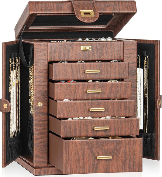 AKOZLIN 6-Tier Jewelry Box Organizer Functional 5 Drawers Leather Jewelry Storage Case for Women Girls Ring Necklace Earring Bracelet Holder Organizer with Mirror Red 360° Rotating by AKOZLIN