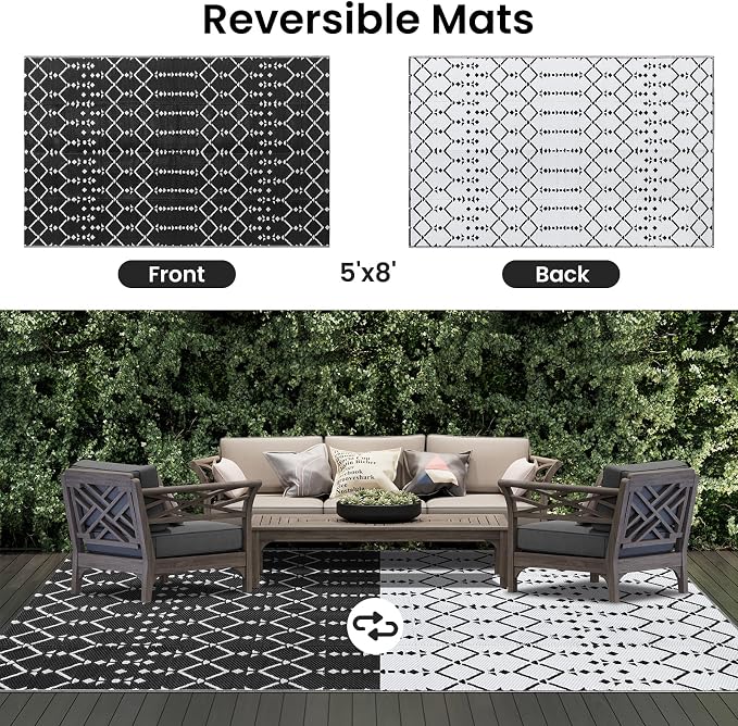Smiry Outdoor Rug 5x8 ft, Waterproof Reversible Plastic Straw Rugs, Boho Outdoor Area Rug, Outside Floor Mat for Patio, Backyard, Deck, Picnic, Beach, Camping, Black - Image 3