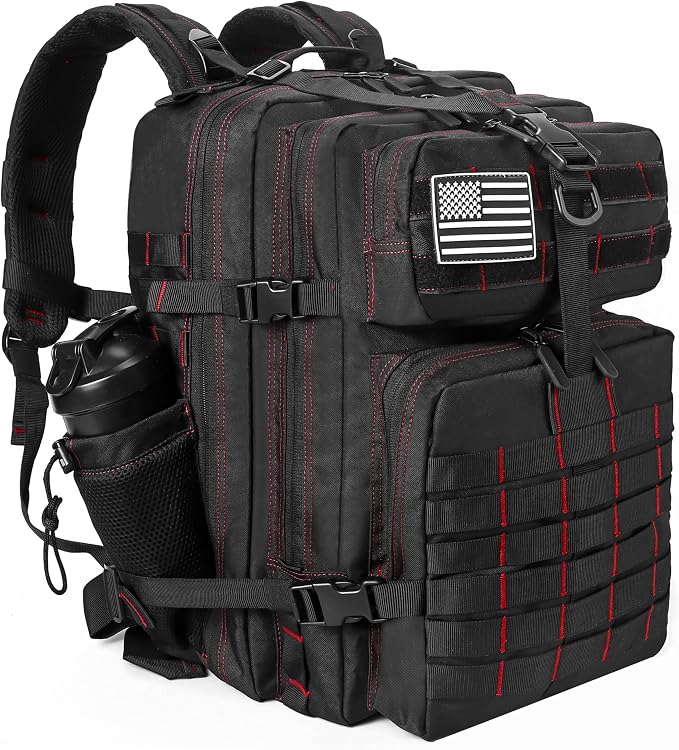 LHI Military Tactical Backpack for Men and Women 45L Army 3 Days Assault Pack Bag Large Rucksack with Molle System - Black With Red Line by LHI