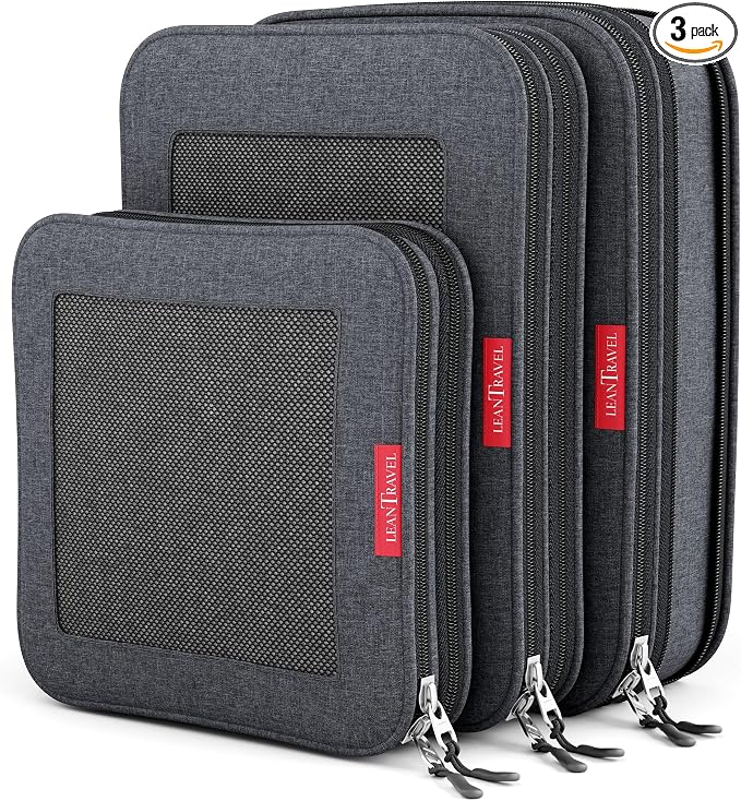 LeanTravel Premium Compression Packing Cubes for Travel - Suitcase Organizer Bags with Double Zipper & Breathable Mesh Panel - Space Saving Carry On Luggage Essentials (3-Pack, Black) by LeanTravel