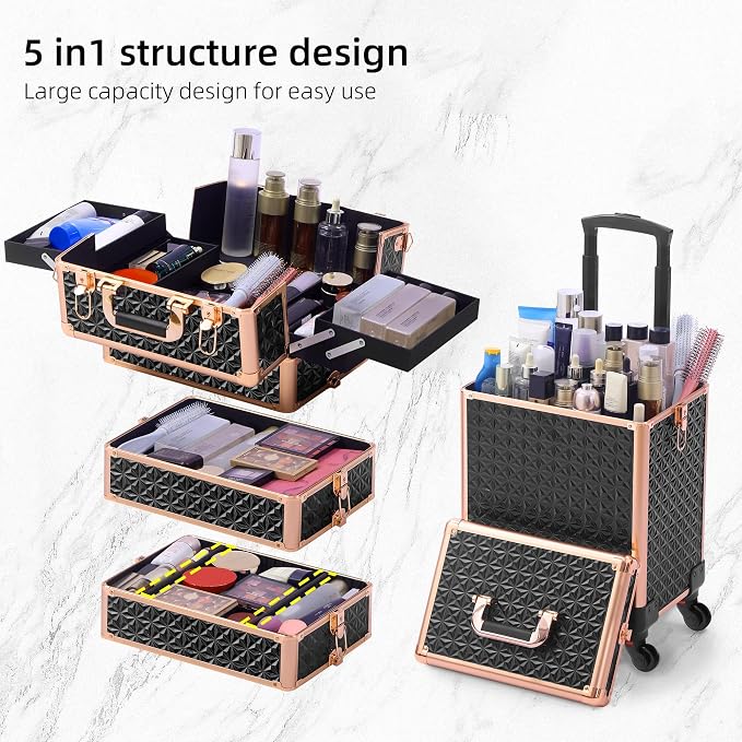 Somduy Rolling Makeup Case, Makeup Train Case with Lid, 5 in 1 Cosmetology Case on Wheels, Christmas Gift, Large Makeup Organizers, Profesional Cosmetic Case for Salon Barber, Black gold - Image 4